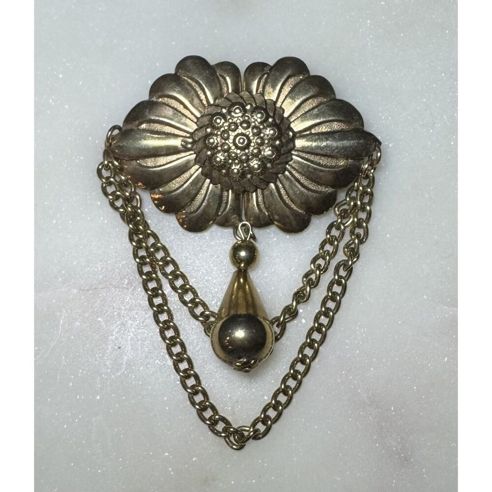 Vintage Gold Tone Floral Dangling Pendant & Chains Brooch